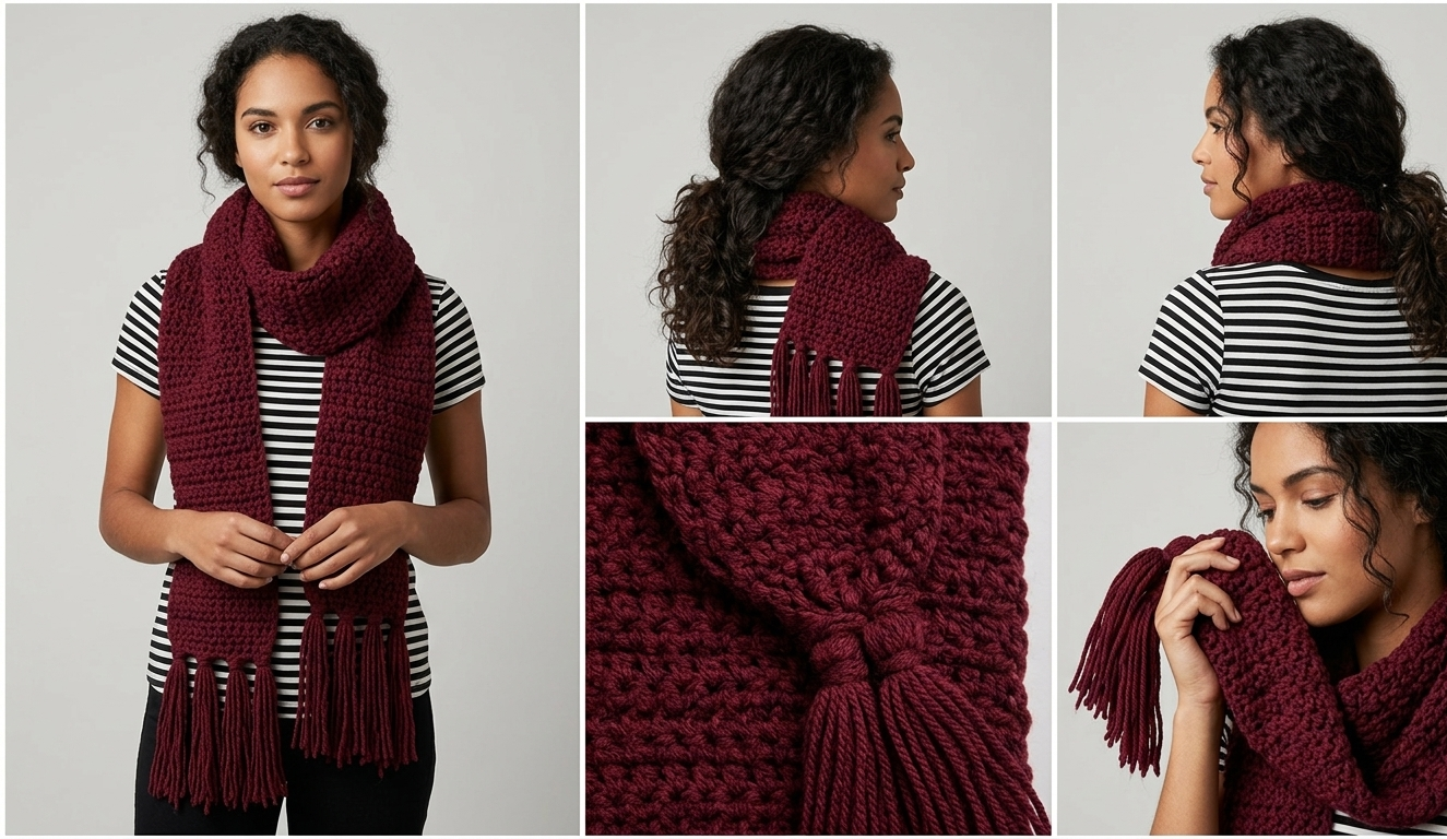 remium burgundy crochet scarf with floral textures and artisan fringe Tadiarlli.